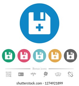 Add new file flat white icons on round color backgrounds. 6 bonus icons included.