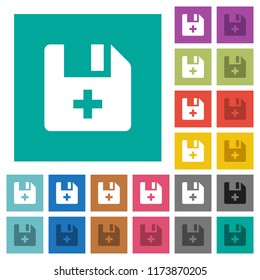 Add new file multi colored flat icons on plain square backgrounds. Included white and darker icon variations for hover or active effects.