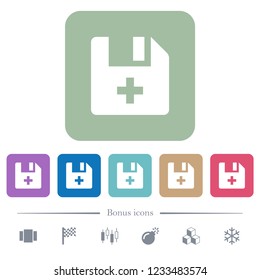 Add new file white flat icons on color rounded square backgrounds. 6 bonus icons included