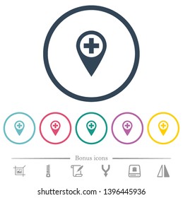 Add new GPS map location flat color icons in round outlines. 6 bonus icons included.