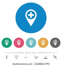 Añada nuevos iconos blancos planos en los fondos de color redondo para la ubicación del mapa del GPS. 6 iconos de bonificación incluidos.