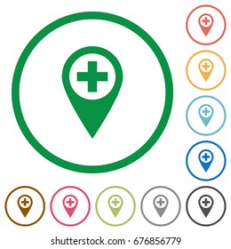 Add new GPS map location flat color icons in round outlines on white background