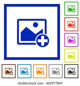 Add new image flat color icons in square frames on white background