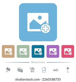Fügen Sie neue, weiße flache Bildsymbole auf buntem, quadratischem Hintergrund hinzu. 6 Bonussymbole enthalten