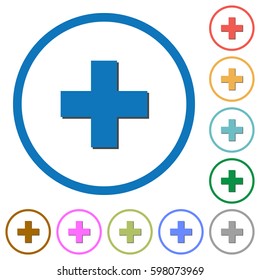 Add new item flat color vector icons with shadows in round outlines on white background
