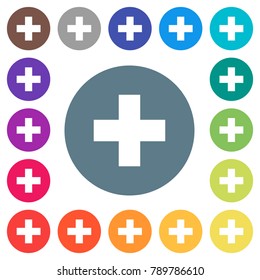 Add new item flat white icons on round color backgrounds. 17 background color variations are included.