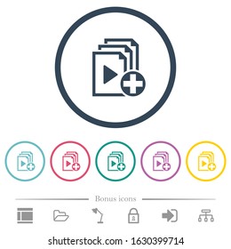 Add new item to playlist flat color icons in round outlines. 6 bonus icons included.