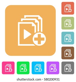 Add new item to playlist flat icons on rounded square vivid color backgrounds.