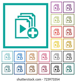 Add new item to playlist flat color icons with quadrant frames on white background
