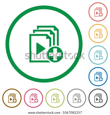 Add new item to playlist flat color icons in round outlines on white background