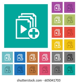 Add new item to playlist multi colored flat icons on plain square backgrounds. Included white and darker icon variations for hover or active effects.