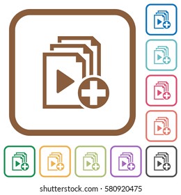 Add new item to playlist simple icons in color rounded square frames on white background