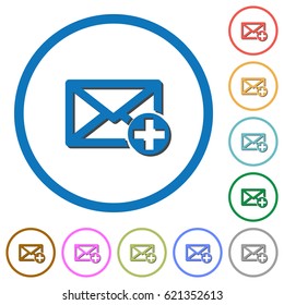 Add new mail flat color vector icons with shadows in round outlines on white background