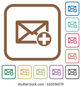 Add new mail simple icons in color rounded square frames on white background