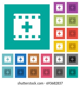 Add new movie multi colored flat icons on plain square backgrounds. Included white and darker icon variations for hover or active effects.