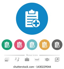 Add new note flat white icons on round color backgrounds. 6 bonus icons included.