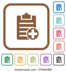 Add new note simple icons in color rounded square frames on white background
