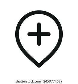 Add new place address isolated icon, add map pin linear icon, create new location outline vector icon with editable stroke