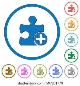 Add new plugin flat color vector icons with shadows in round outlines on white background
