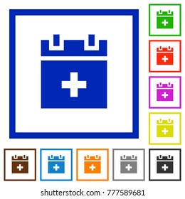 Add new schedule item flat color icons in square frames on white background