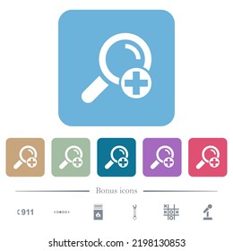 Añadir nuevos iconos planos blancos de término de búsqueda en fondo cuadrado redondeado de color. 6 iconos de bonificación incluidos