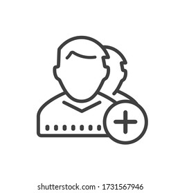 Add A New User Account Icon Vector Illustration. Outline Silhouette Of Creating Customer Group Button. Add Employee UI Element For The Online Community Or App. Refer A User.