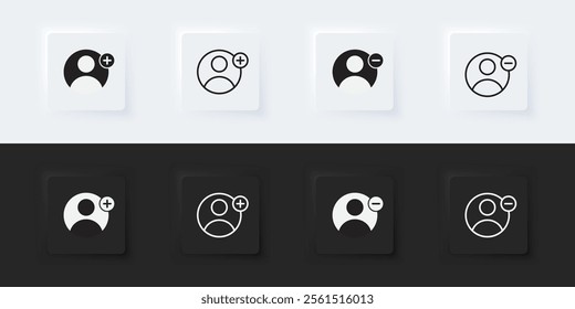Add new user and delete button user interface. A set of black and white buttons with silhouette and line icon. 3D neumorphism style design for website, application. Vector illustration.