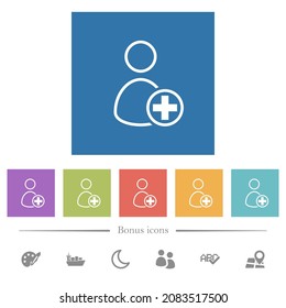 Add new user flat white icons in square backgrounds. 6 bonus icons included.