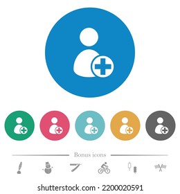 Añadir nuevos iconos blancos planos de usuario en fondos de color redondo. 6 iconos de bonificación incluidos.