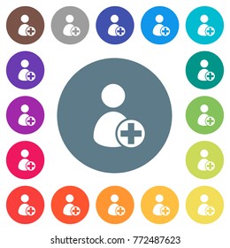 Add new user flat white icons on round color backgrounds. 17 background color variations are included.