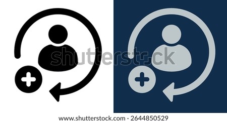 Add New User Icon in Flat Design Style. Circular Arrow with Person Symbol and Plus Sign. Concept of Registration, Membership, Profile Creation. Vector Set in Black and Blue Color Versions.