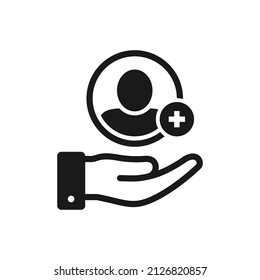 Add new user icon on hand isolated. Vector illustration