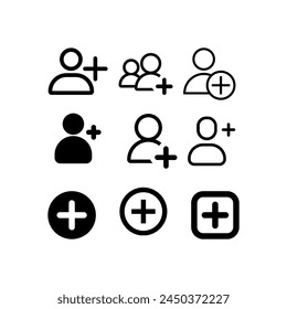 Add new user icon set. Person profile avatar with plus. Add user profile icon