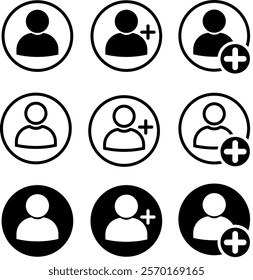 Add new user icon set. Person profile avatar with plus. Male person profile avatar in black colors. Vector illustration.