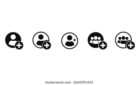 Add new user icon set. Person profile avatar with plus. Add user profile icon in black colors. Vector illustration.