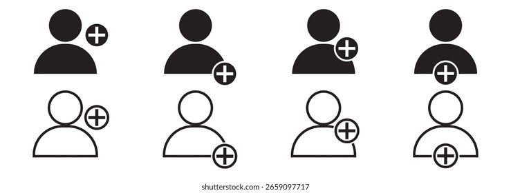 Add new user icon set. Person profile avatar with plus. Add user profile icon