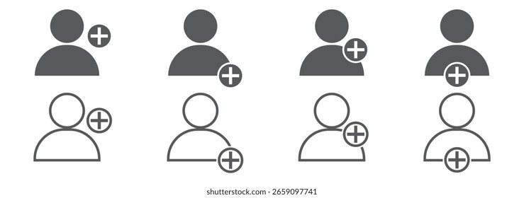 Add new user icon set. Person profile avatar with plus. Add user profile icon