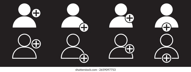 Add new user icon set. Person profile avatar with plus. Add user profile icon