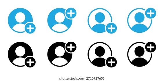 Añadir nueva Conjunto de iconos de usuario para diseño de Sitio web y redes sociales. Agregar un nuevo conjunto de Vectores de iconos de usuario. Agregar conjunto de iconos de usuario. Perfil de la persona avatar con plus, añadir símbolo de Cuenta. 