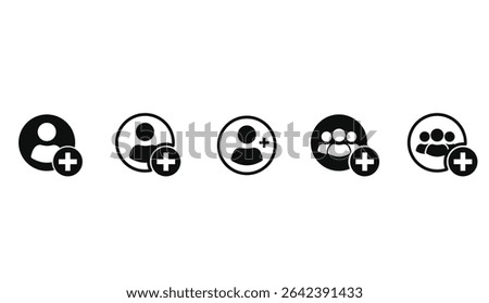 Add new user icon set. Person profile avatar with plus. Add user profile icon in black colors. Vector illustration.
