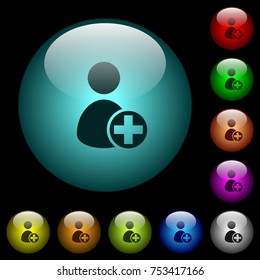 Add new user icons in color illuminated spherical glass buttons on black background. Can be used to black or dark templates
