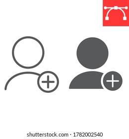 Añadir nueva línea de usuario e icono de glifo, ui y botón, gráficos vectoriales de signo de cuenta, icono lineal de trazo editable, eps 10