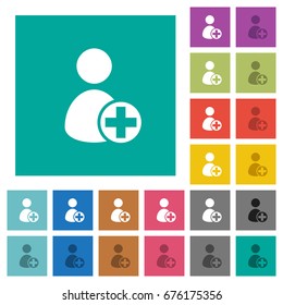 Add new user multi colored flat icons on plain square backgrounds. Included white and darker icon variations for hover or active effects.
