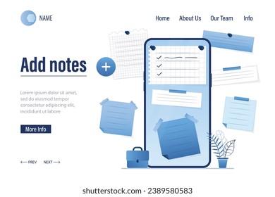 Add notes, landing page template. Mobile phone with memo application, paper stickers around. Place for text. Various memory notepapers. Reminder technology. Office work concept. Vector illustration