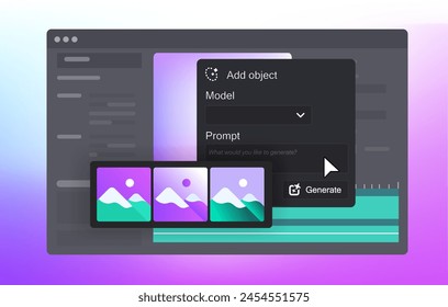 Add object panel. AI Generative features in Video Editor. Prompt button with pictures selection. Vector illustration. 