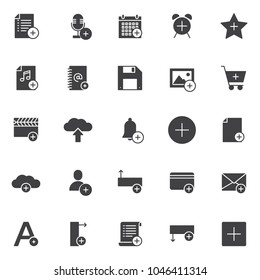 Add objects vector icons set, modern solid symbol collection, filled style pictogram pack. Signs, logo illustration. Set includes icons as list, microphone, calendar , favorites, music, address book