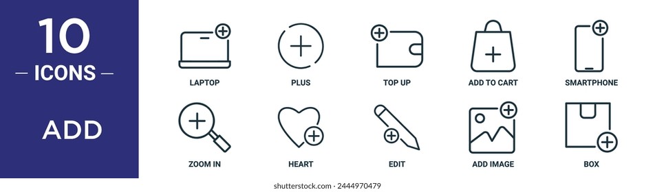 add outline icon set includes thin line laptop, plus, top up, add to cart, smartphone, zoom in, heart icons for report, presentation, diagram, web design