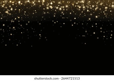 Add as overlay to any background or photo by using Screen mode. Golden glitter lights and glowing particles falling from the top. Festive sparkle overlay for Christmas, New Year. Vector.