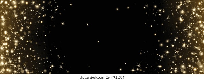 Add as overlay to any background or photo by using Screen mode. Golden glitter corners with glow, sparkles and bokeh. Festive frame for Christmas, New Year, invitations, celebration banners. Vector.