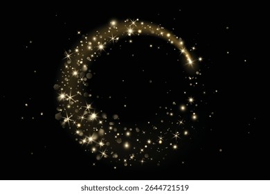 Add as overlay to any background or photo by using Screen mode. Golden glitter circle with sparkling lights, glow. Magic dust effect. Festive frame for Christmas, New Year cards, party posters.Vector.